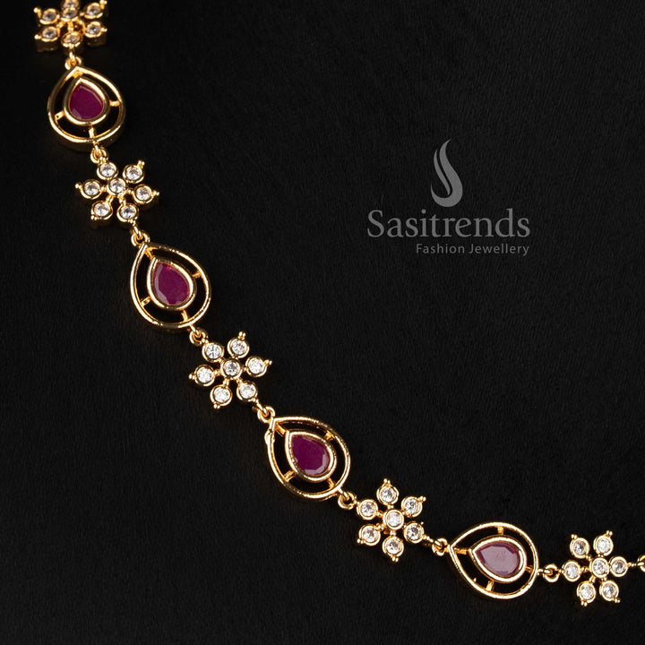 Sasitrends Impon Addigai long necklace micro gold plated AD stone floral jewellery
