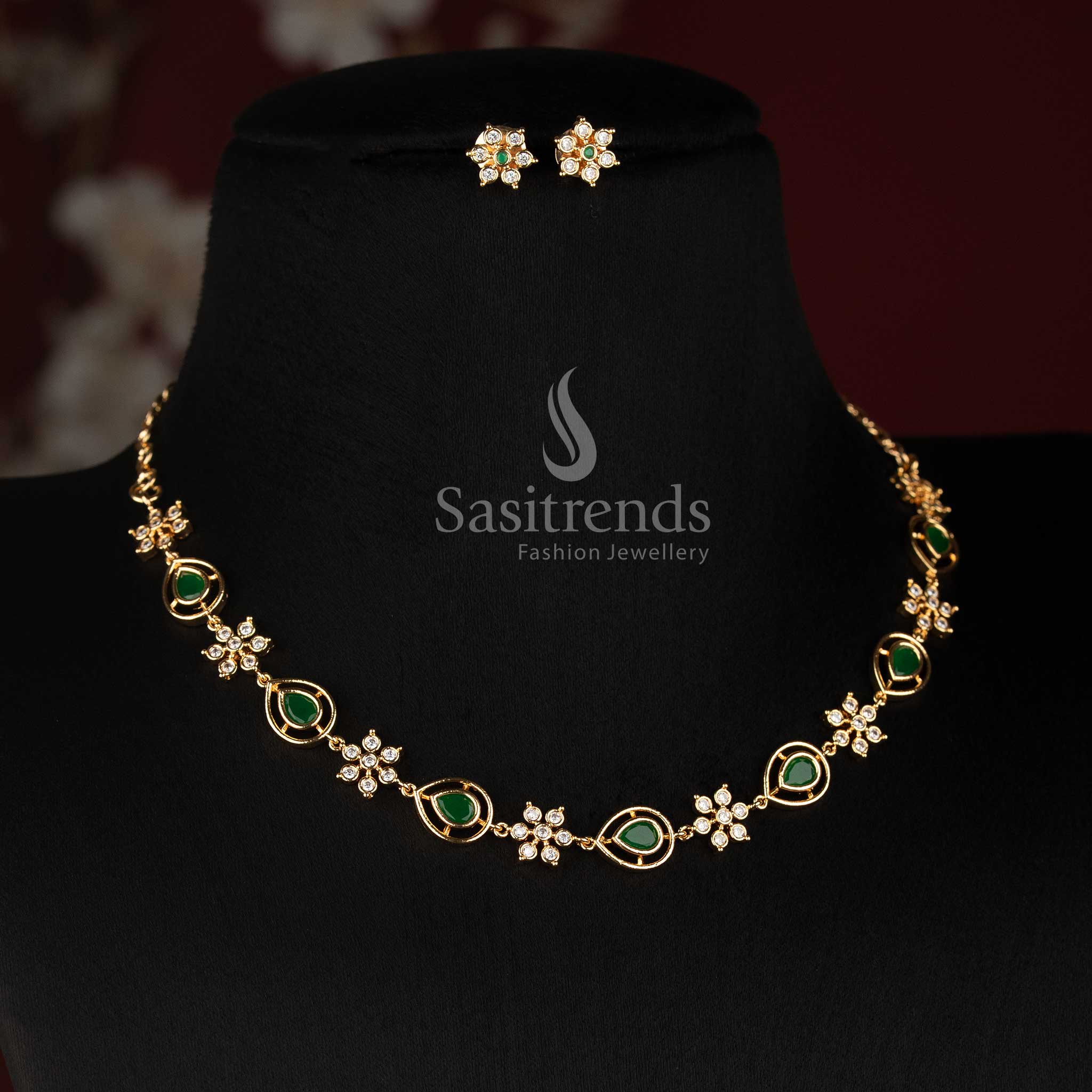 Sasitrends Impon Addigai long pear shaped floral AD stone necklace jewellery set