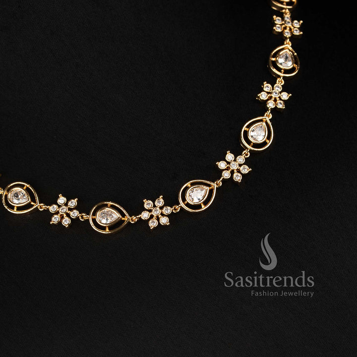 Sasitrends Impon Addigai micro gold plated AD stone long floral pear shaped necklace jewellery set