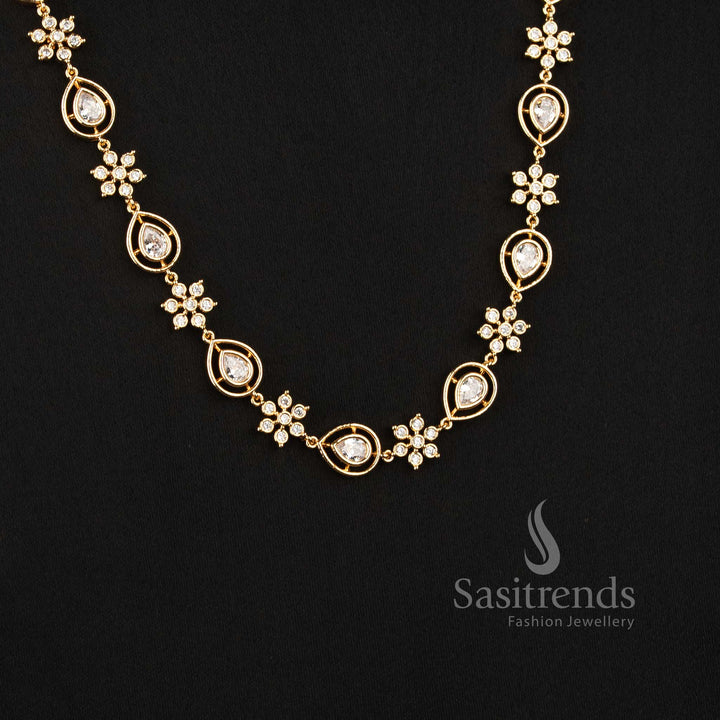 Sasitrends Impon Addigai micro gold plated short and long necklace with floral AD stone clusters and pear-shaped motifs 