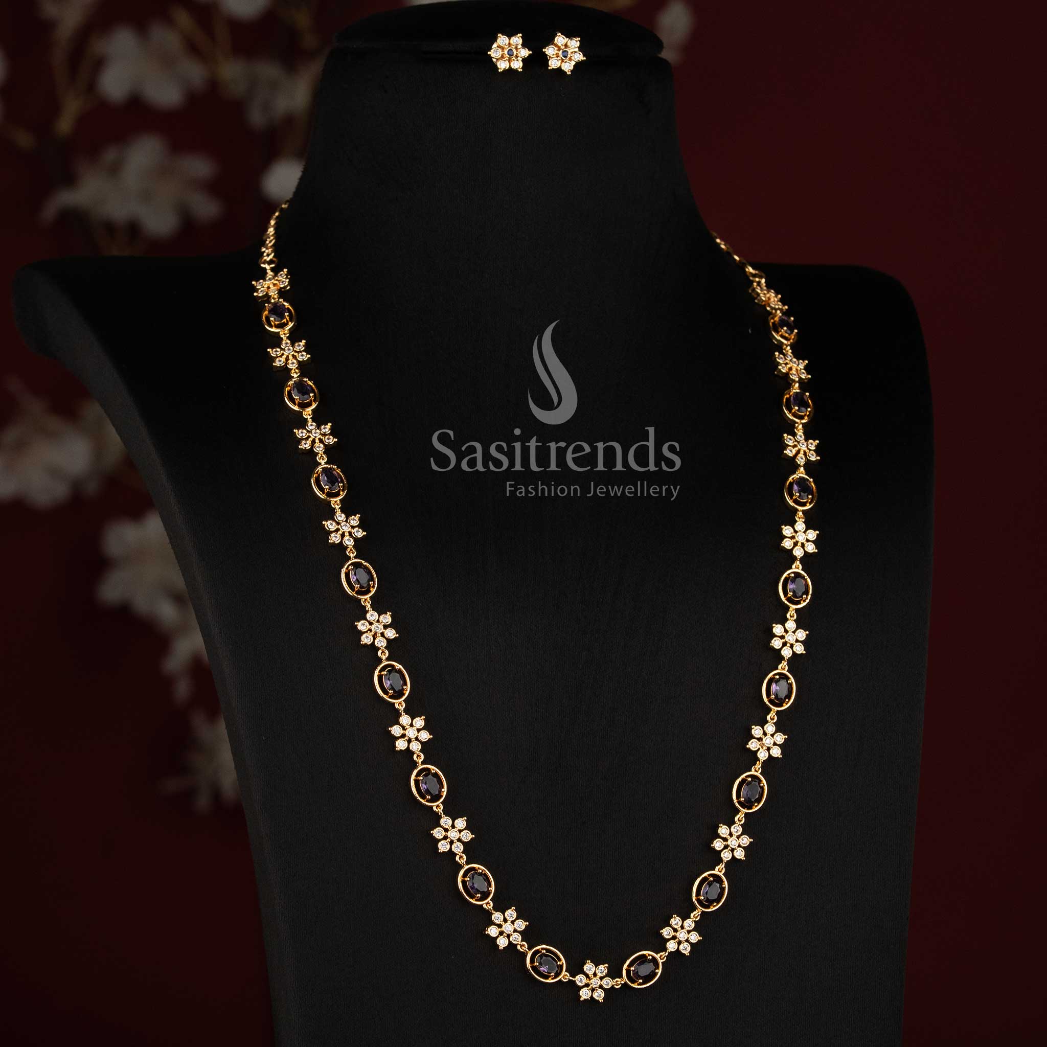 Sasitrends micro gold plated Impon Addigai jewellery set with a refined floral necklace structure, AD stone details and coordinated earrings 