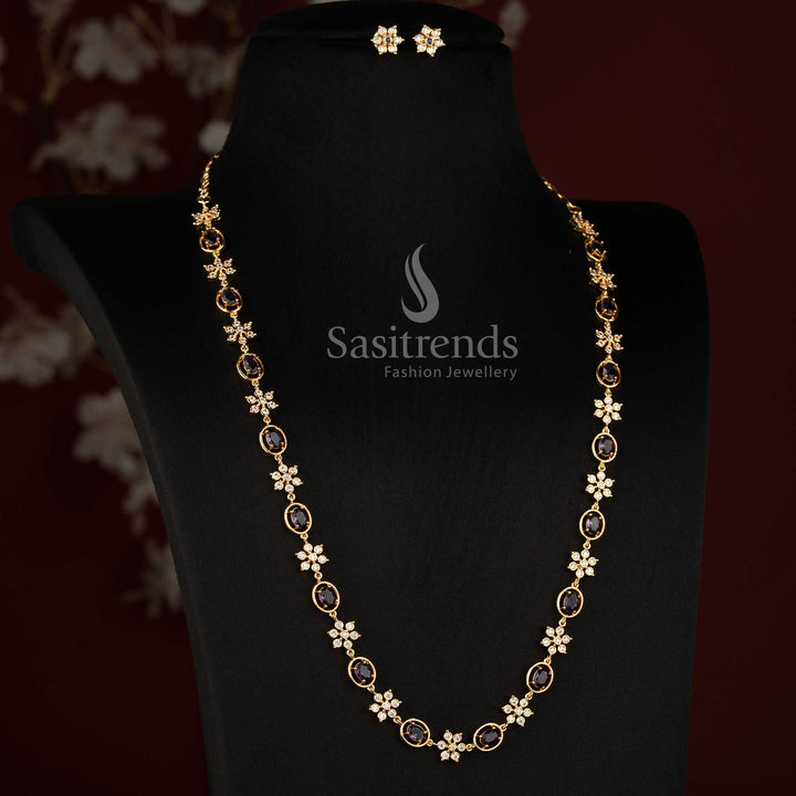 Sasitrends micro gold plated Impon Addigai jewellery set with a refined floral necklace structure, AD stone details and coordinated earrings 