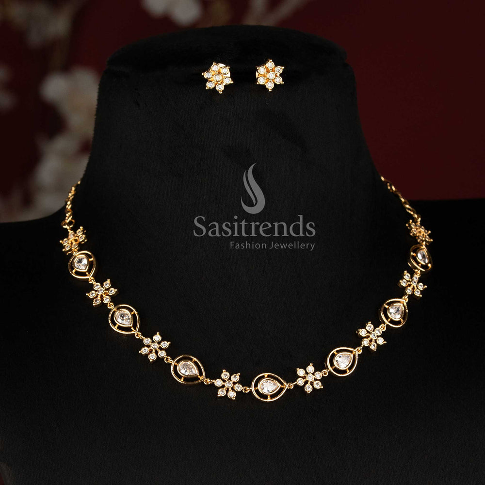 Sasitrends Impon Addigai Micro Gold Plated AD Stone Short & Long Necklace Jewellery Set with Floral and Pear-Shaped Motifs