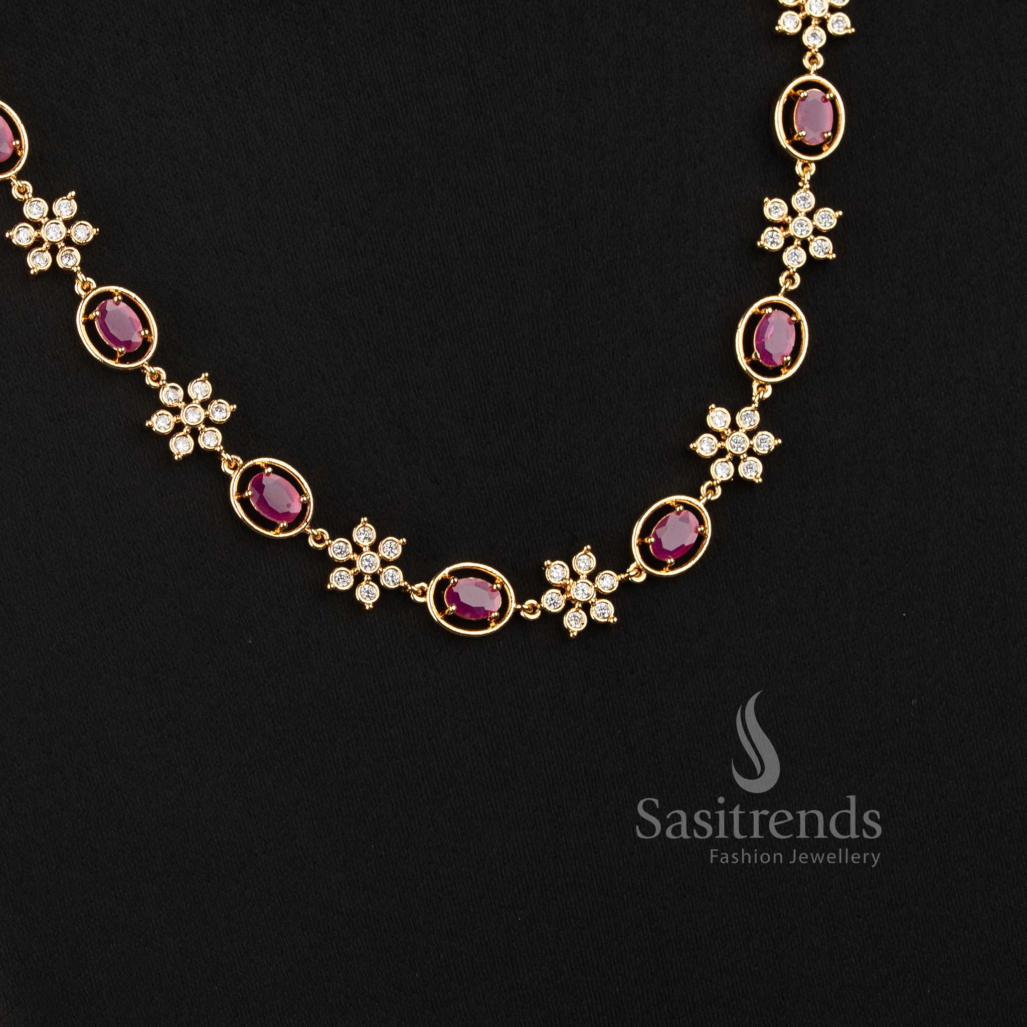 Sasitrends Impon Addigai necklace designed with delicate floral clusters, framed stone motifs and a balanced short and long structure 