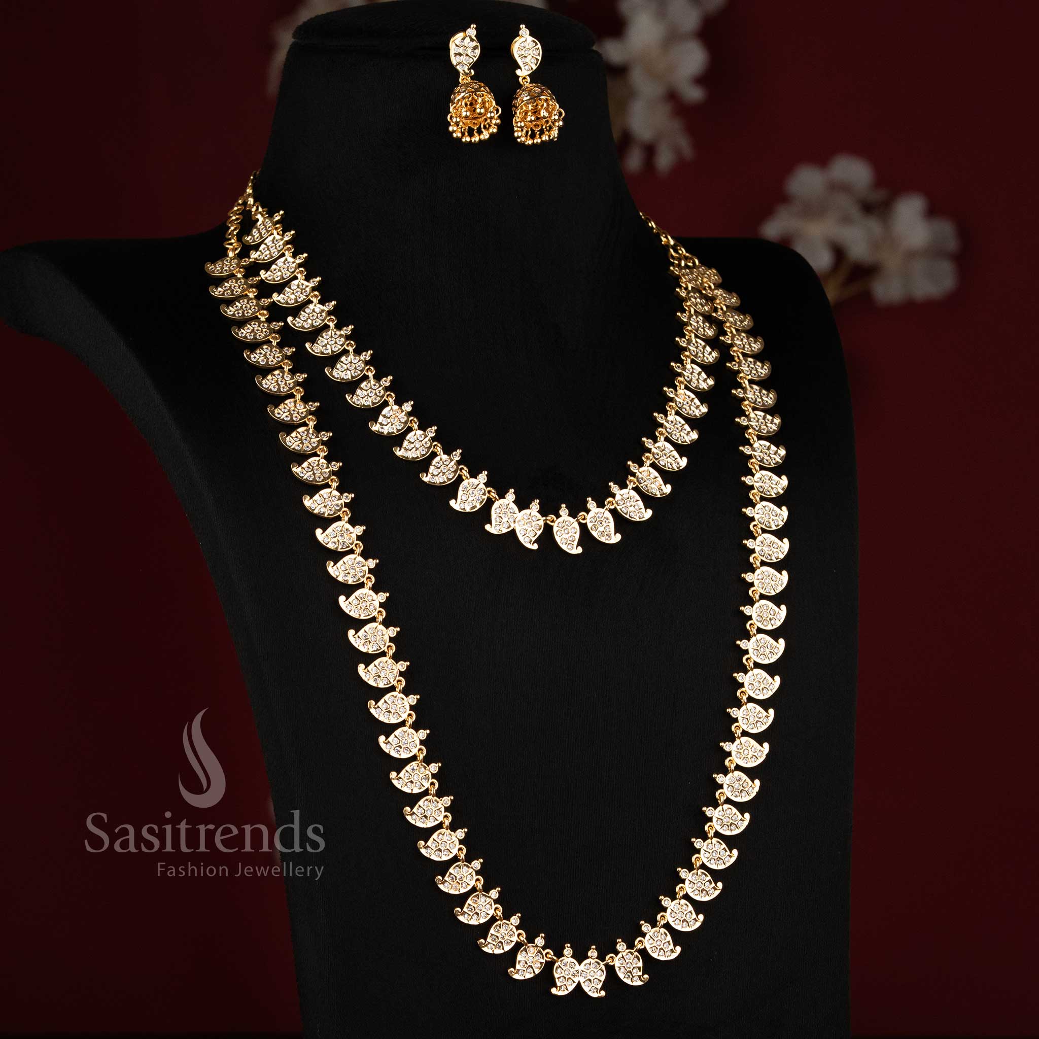 Sasitrends Impon Addigai Micro Gold Plated Short and Long Combo Necklace Set with Repeating Mango Motif Design