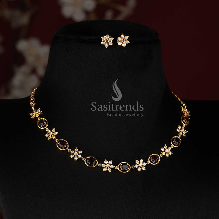 Sasitrends Impon Addigai micro gold plated oval floral AD stone short and long necklace