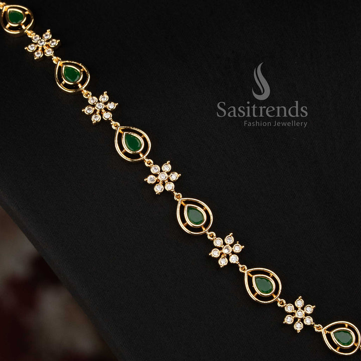 Sasitrends Impon Addigai AD stone necklace showcasing a balanced floral arrangement, circular frames and elongated pear-shaped jewellery details 
