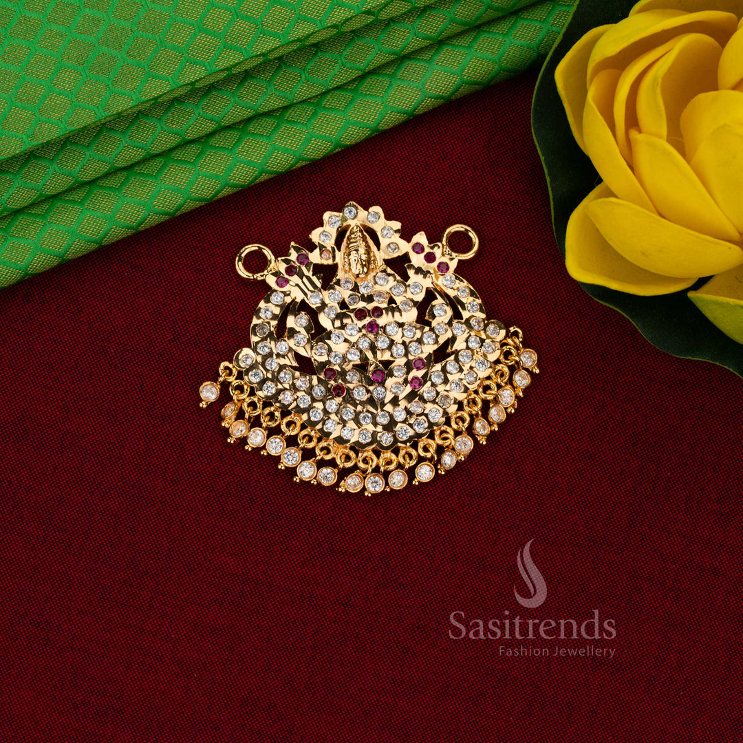Guaranteed Impon Addigai Micro Gold Plated AD Stone Lakshmi Devi Structured Pendant with Arched Temple Frame and Grand Layered Dangling Base - Sasitrends