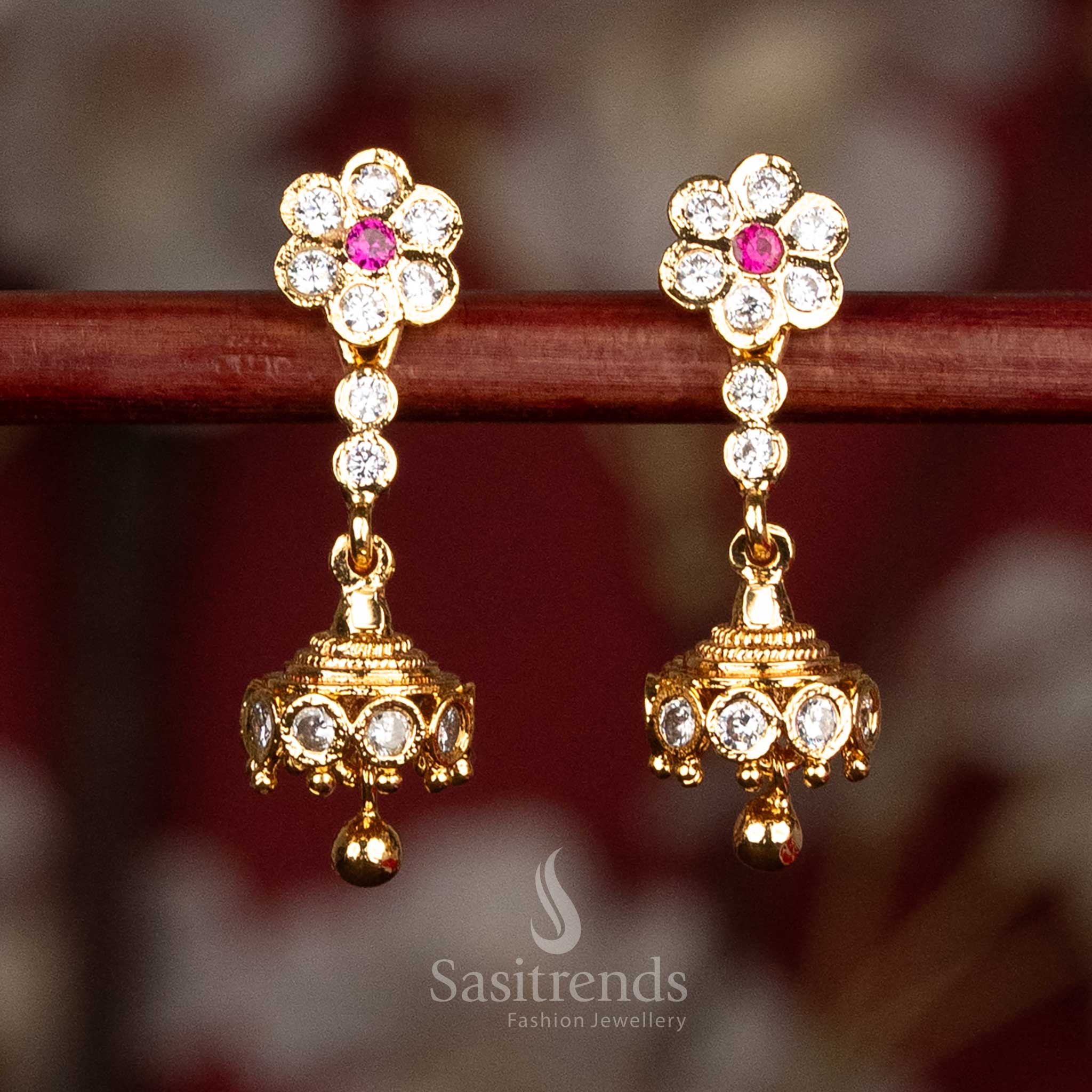Sasitrends traditional impon addigai micro gold plated white ruby ad stone jhumka earrings real gold look