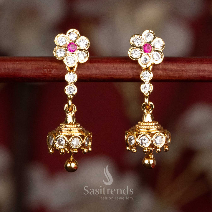 Guaranteed Traditional Floral Top Impon Addigai 24K Micro Gold Plated AD Stone Jhumka Earrings | Look Like Real Gold