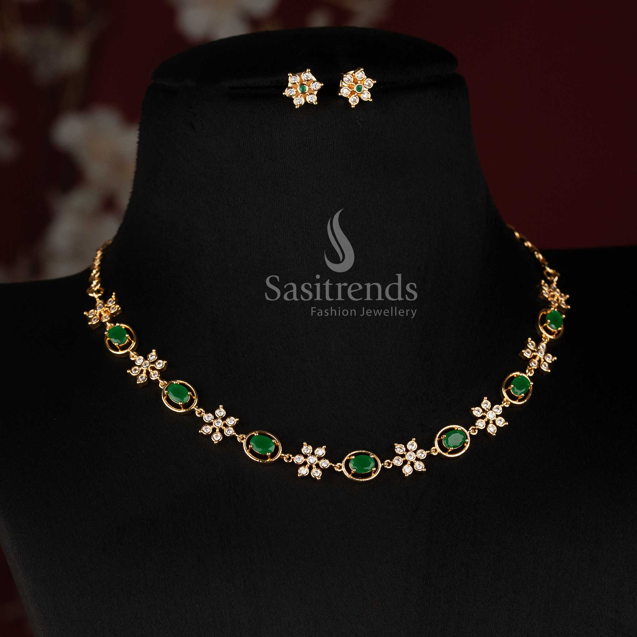 Sasitrends Impon Addigai oval shaped AD stone short and long micro gold necklace