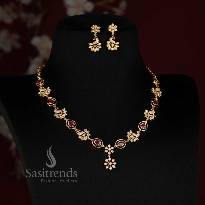 Sasitrends micro gold plated AD stone necklace set with an elaborate centre pendant combining floral detailing and peacock-inspired design elements 
