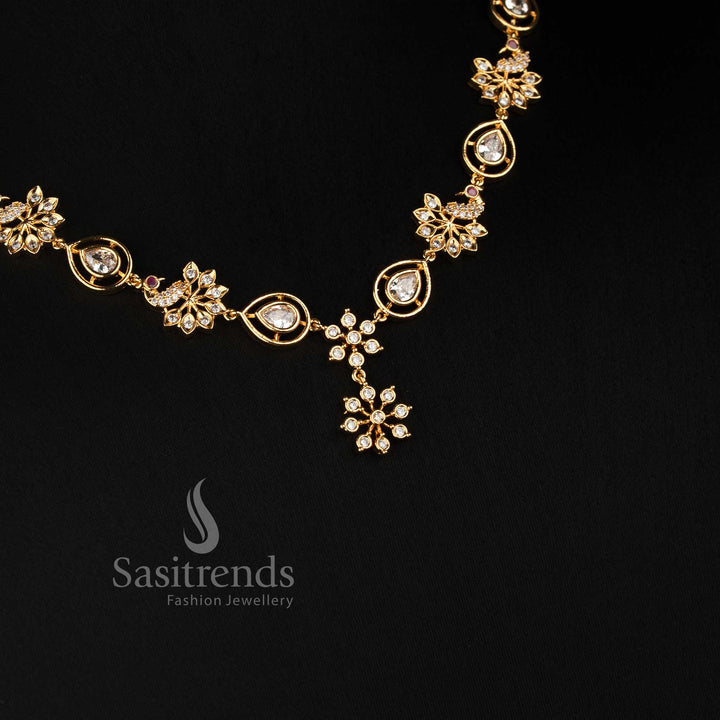 Sasitrends Impon Addigai Pachaloha micro gold plated jewellery set with floral AD stone necklace and peacock-inspired pear-shaped detailing 