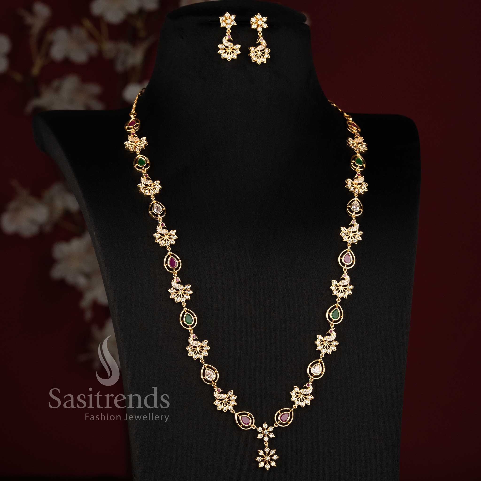 Impon Addigai Pachaloha Micro Gold Plated AD Stone Necklace Jewellery Set with Peacock-Inspired Floral and Pear-Shaped Motifs - Sasitrends