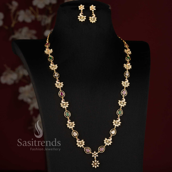 Impon Addigai Pachaloha Micro Gold Plated AD Stone Necklace Jewellery Set with Peacock-Inspired Floral and Pear-Shaped Motifs - Sasitrends