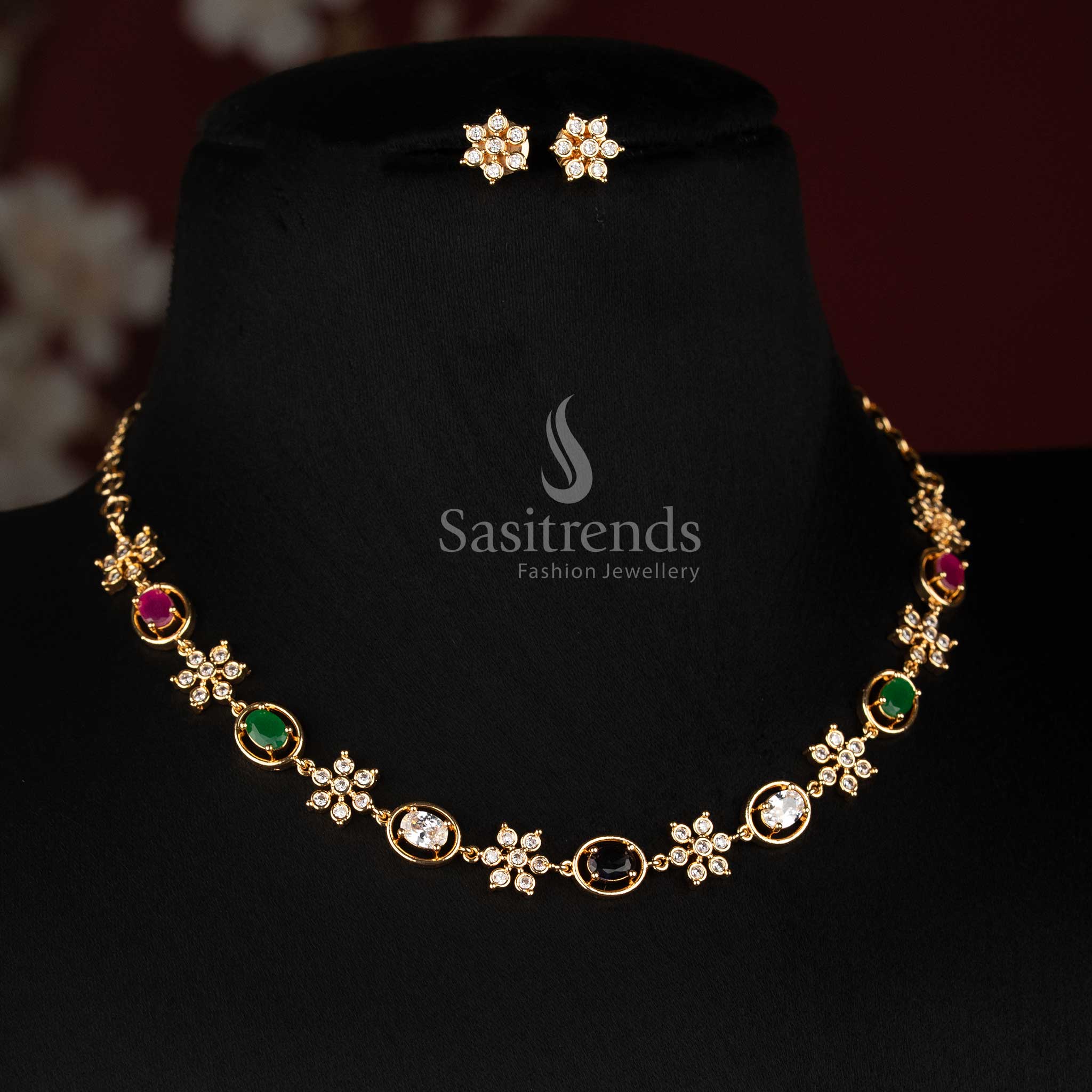 Sasitrends Impon Addigai short and long floral oval AD stone necklace jewellery