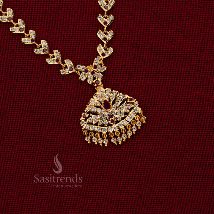 Real Gold Look Impon Attigai Micro gold plated White Ruby AD Stone Necklace set from Sasitrends with wide pendant and classic hanging drops