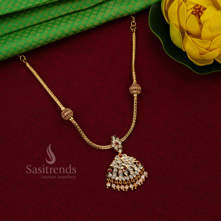 Sasitrends Impon Attigai necklace Micro gold plated white ruby Ad stone with twisted rope chain and traditional layered dome pendant design