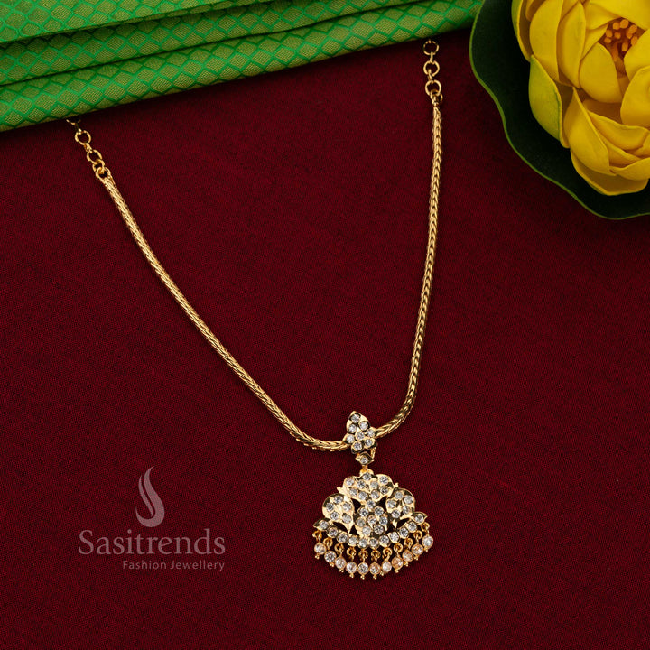 Sasitrends Impon Attigai Micro gold plated white AD stone necklace with twisted rope chain and traditional curved layered pendant design