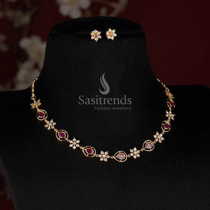 Sasitrends Impon micro gold plated long Addigai AD stone floral necklace set
