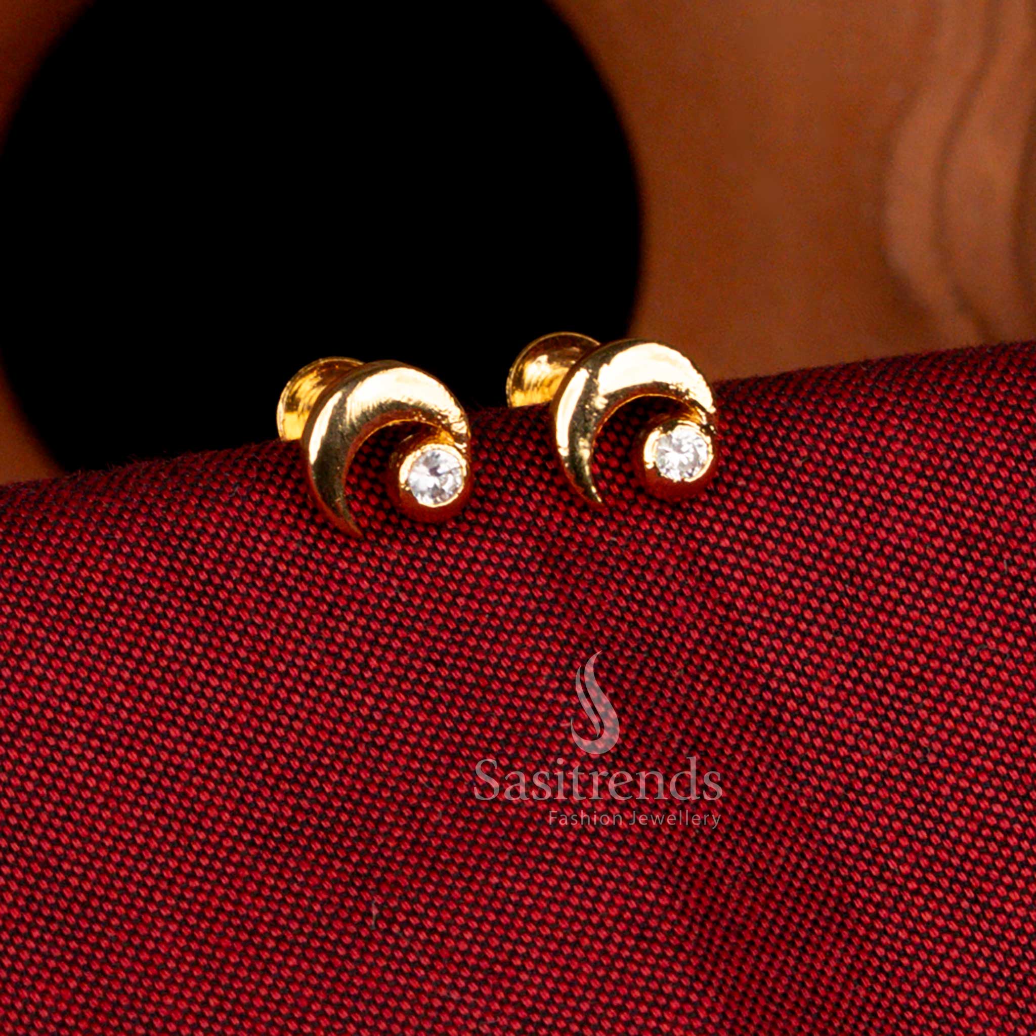 Sasitrends impon micro gold plated moon pattern side earrings featuring sparkling white stone center in celestial themed design, polished temple jewellery structure with premium 24k gold finish appearance suitable for wedding, engagement and festive celebrations