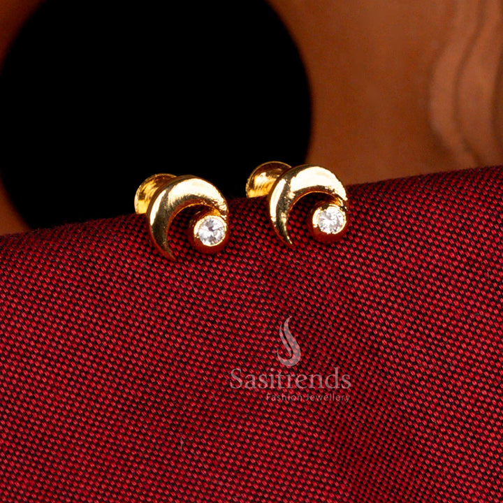 Sasitrends impon micro gold plated moon pattern side earrings featuring sparkling white stone center in celestial themed design, polished temple jewellery structure with premium 24k gold finish appearance suitable for wedding, engagement and festive celebrations