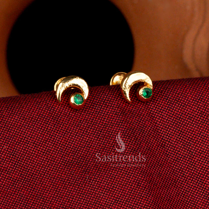 Sasitrends impon micro gold plated  pattern side earrings crafted with deep green stone accent in crescent moon motif, celestial inspired temple jewellery design, premium 1 gram gold plating with 24k real gold look suitable for bridal and festive wear