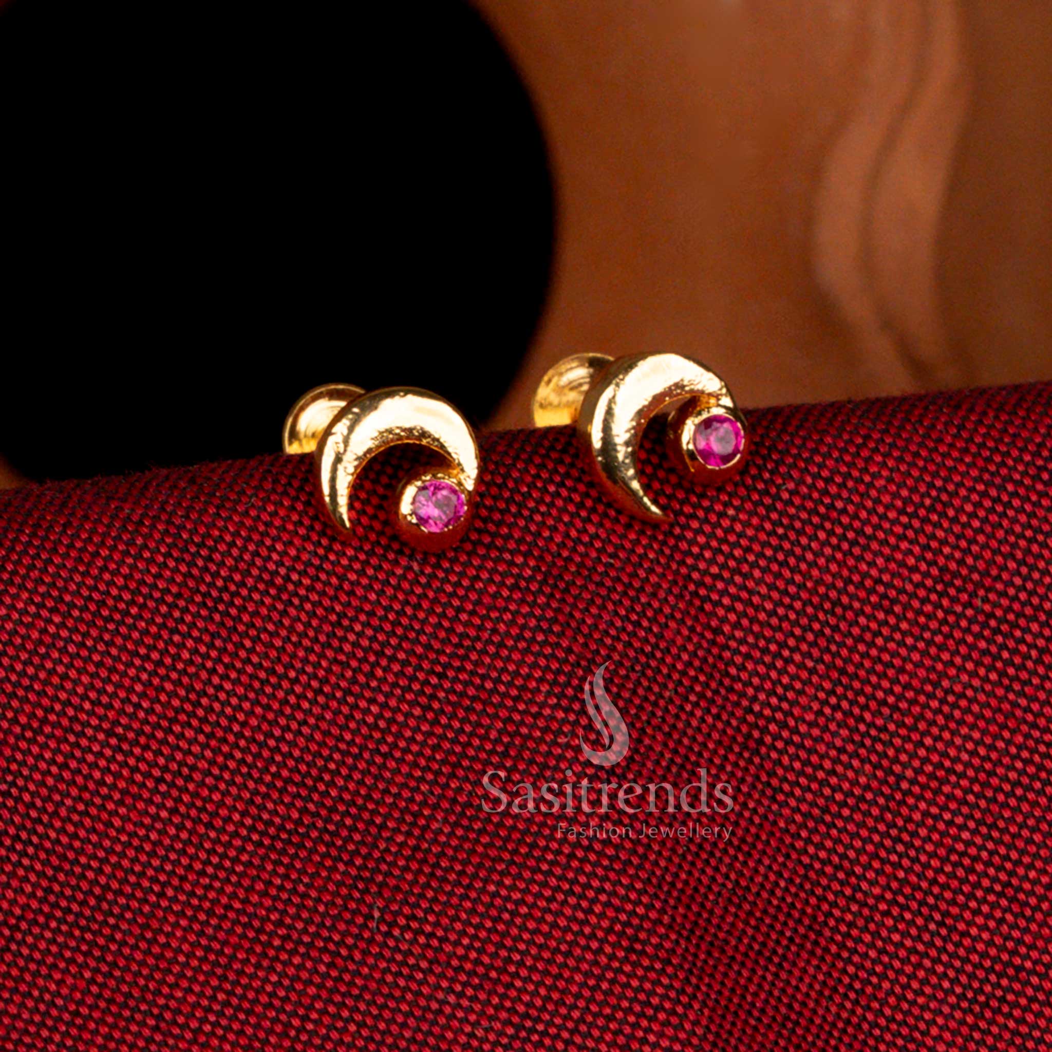Sasitrends impon micro gold plated moon pattern side earrings designed with vibrant ruby pink stone centerpiece and celestial elements, polished antique temple jewellery finish with 1 gram gold plating that resembles real gold for festive and traditional occasions