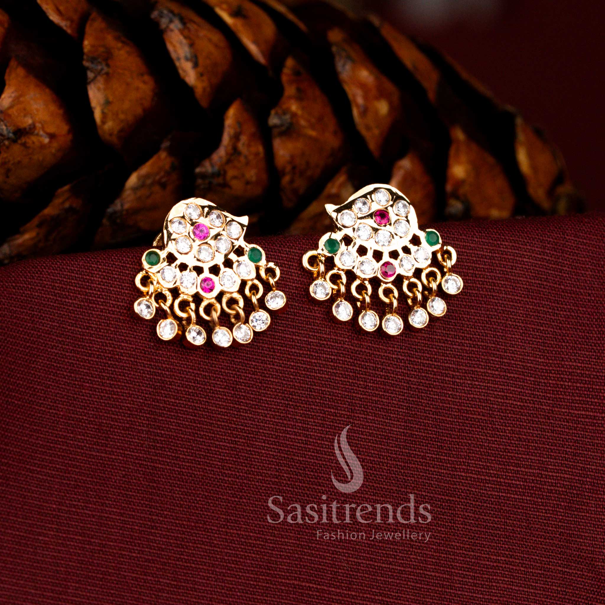 Sasitrends Impon micro gold plated multi AD stone temple layered chandelier earrings with intricate traditional craftsmanship and multiple stone drops, premium bridal wedding jewellery look like real gold finish.
