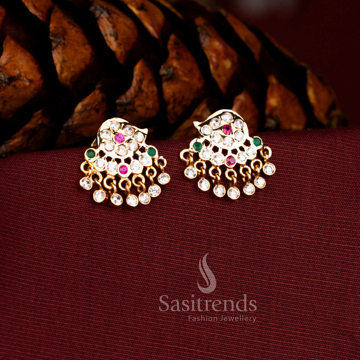Sasitrends Impon micro gold plated multi AD stone temple layered chandelier earrings with intricate traditional craftsmanship and multiple stone drops, premium bridal wedding jewellery look like real gold finish.
