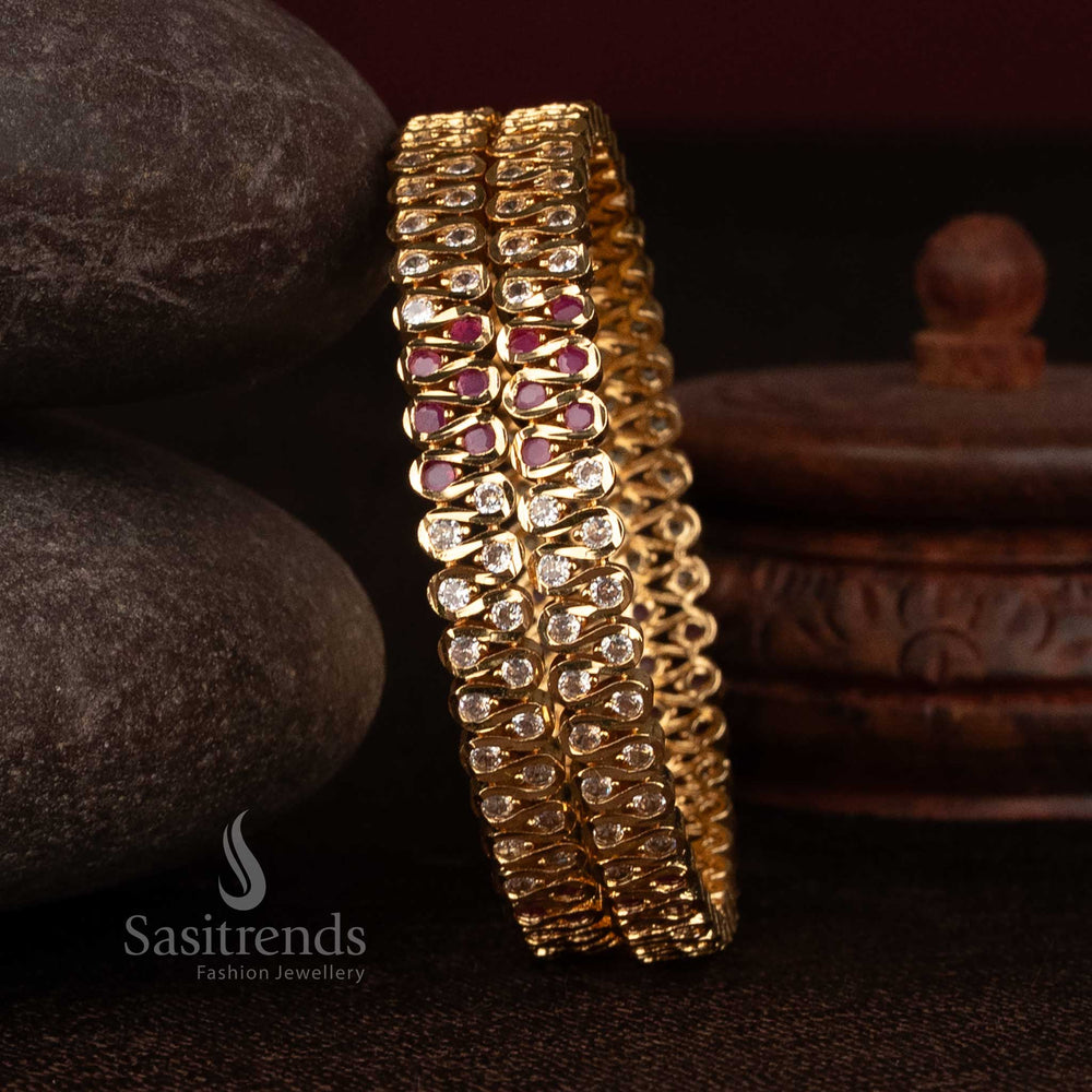 Sasitrends impon micro gold plated S-curve bangle designed with white ruby AD round stone setting crafted for festive traditional wear and elegant jewellery styling