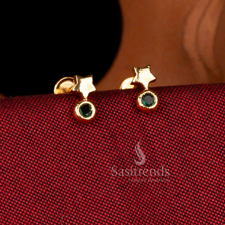 Sasitrends impon micro gold plated sun moon star pattern side earrings designed in traditional celestial pattern with elegant green stone embellishment, 1 gram premium jewellery in 24k gold finish real gold appearance ideal for temple functions and cultural celebrations
