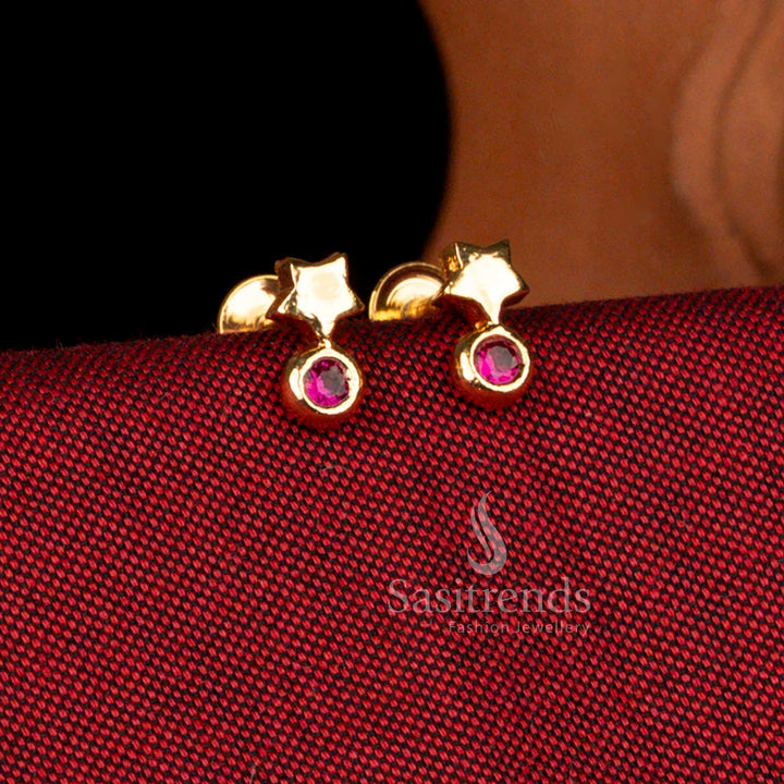 Sasitrends impon micro gold plated star pattern side earrings featuring detailed sunburst ruby stone center paired with crescent moon and star drop motif, premium 24k gold finish appearance perfect for bridal saree pairing and grand wedding functions