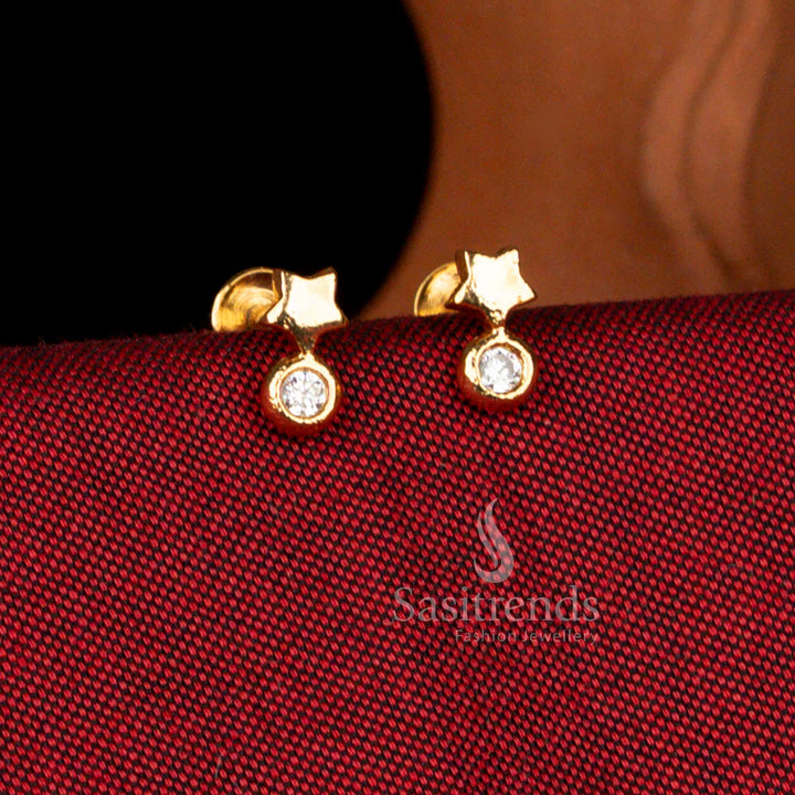 Sasitrends impon micro gold plated star pattern side earrings crafted in traditional celestial motif with elegant white stone detailing, 1 gram premium jewellery offering luxurious real gold shine perfect for brides, temple jewellery styling and cultural functions