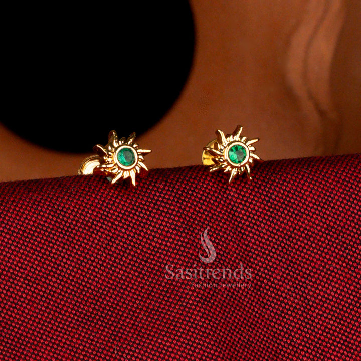 Sasitrends impon micro gold plated sun pattern side earrings crafted with deep green stone accent in crescent moon motif, celestial inspired temple jewellery design, premium 1 gram gold plating with 24k real gold look suitable for bridal and festive wear