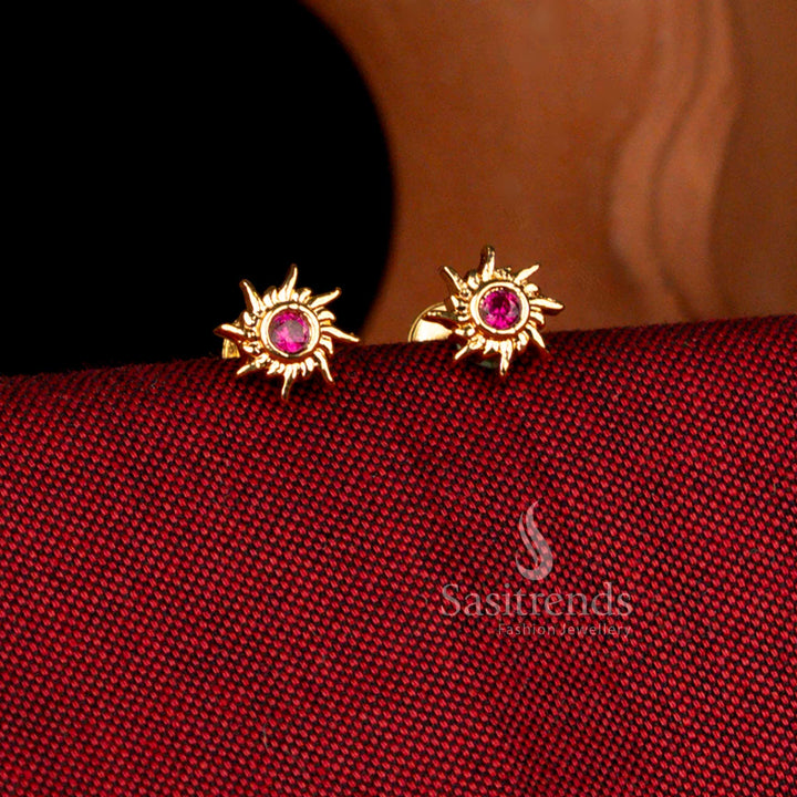 Sasitrends impon micro gold plated sun pattern side earrings highlighted with rich ruby pink stone in sun motif, crescent moon and star accents in temple style finish, premium 1 gram jewellery with 24k gold tone real gold look ideal for wedding and bridal styling