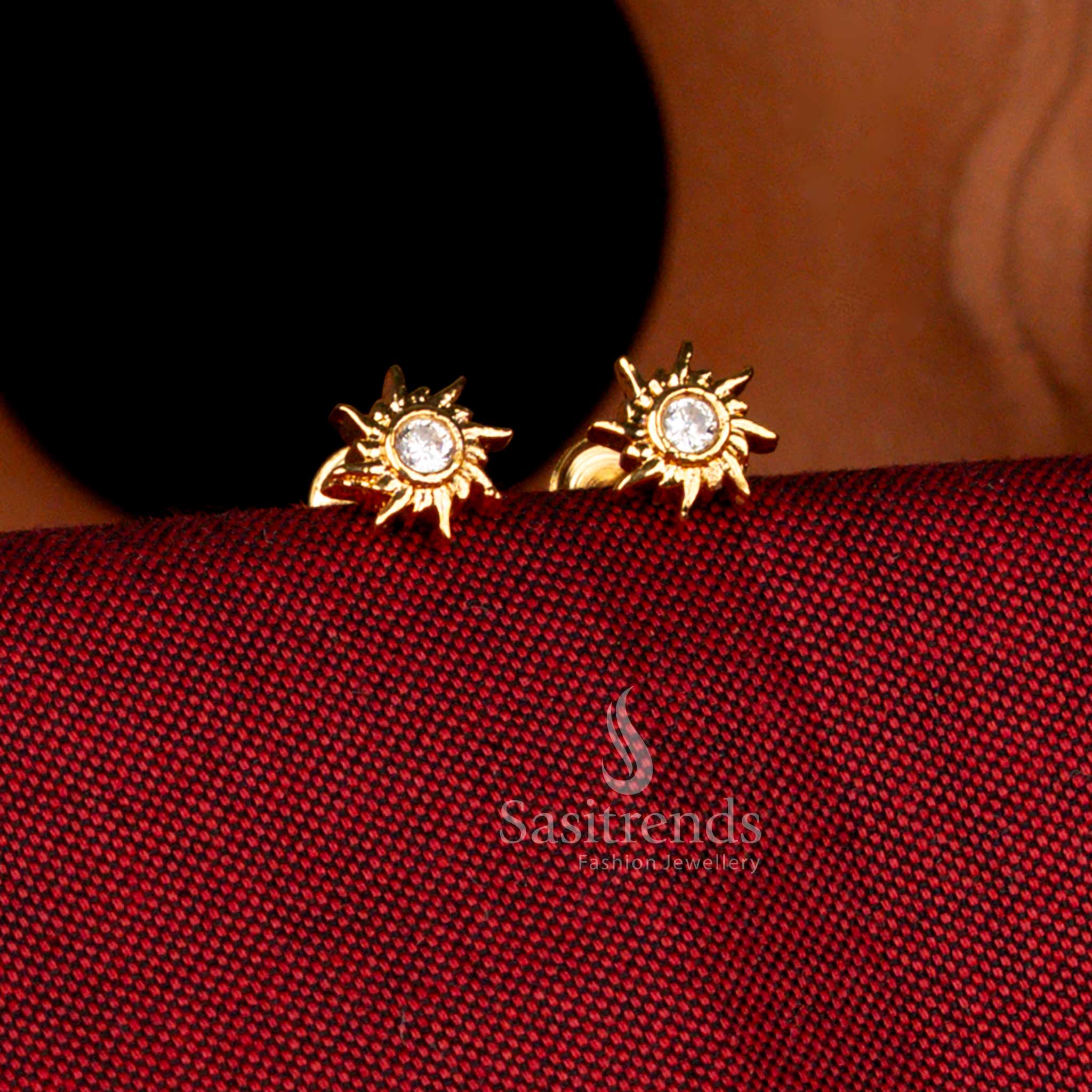 Sasitrends impon micro gold plated sun pattern side earrings in white stone finish designed with radiant sunburst stud, crescent moon detail and delicate star charm, premium 1 gram jewellery crafted in 24k pure gold tone real gold look ideal for bridal wear and temple occasions