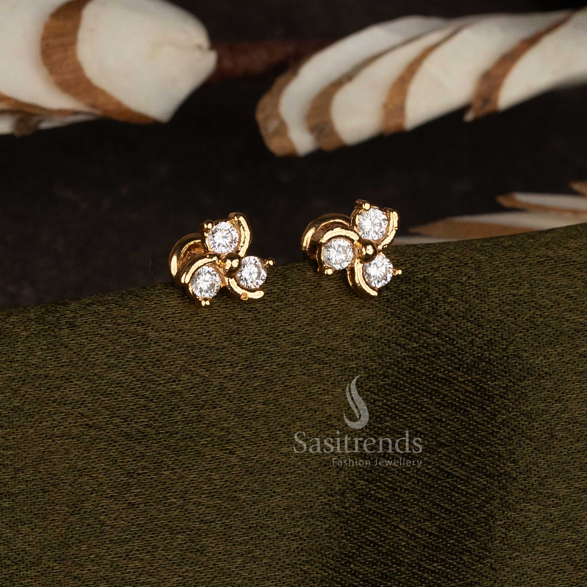 Sasitrends Impon micro gold plated white trinity spark stud earrings with triple petal motif design traditional jewellery
