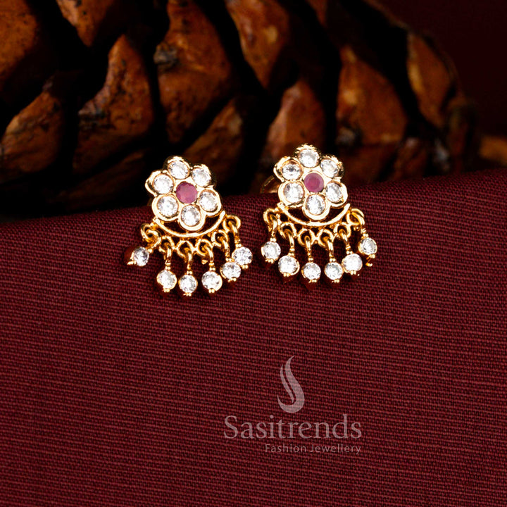 Sasitrends Impon micro gold plated white ruby AD stone floral stud jhumka style traditional temple earrings with layered stone drops and rich bridal finish, premium wedding jewellery that looks like real gold with classic South Indian elegance.
