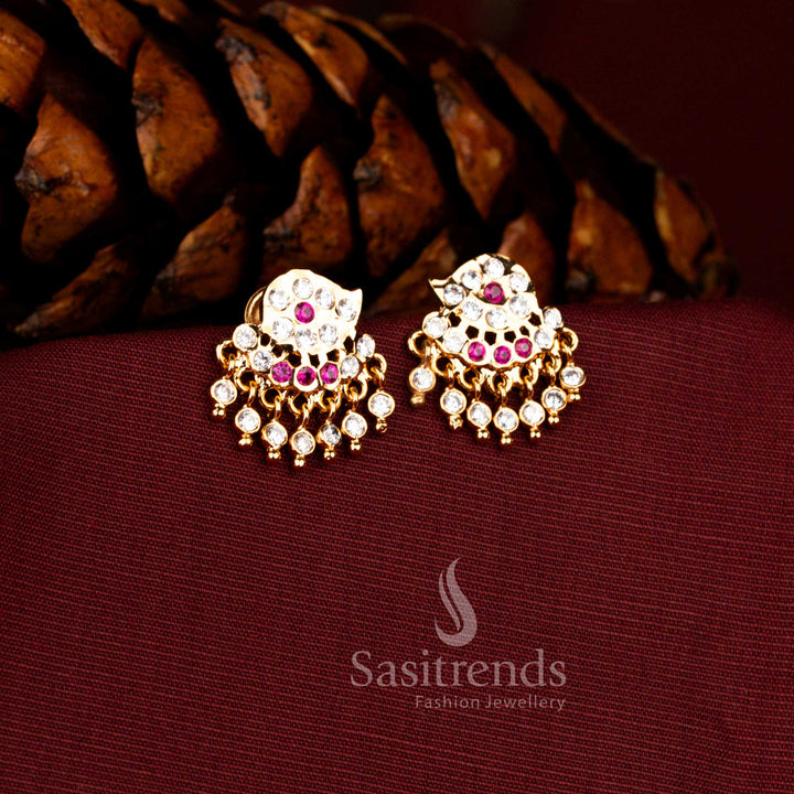 Sasitrends Impon micro gold plated white ruby AD stone chand style traditional bridal wedding earrings with layered stone arrangement and temple inspired detailing, premium jewellery with rich real gold like appearance.

