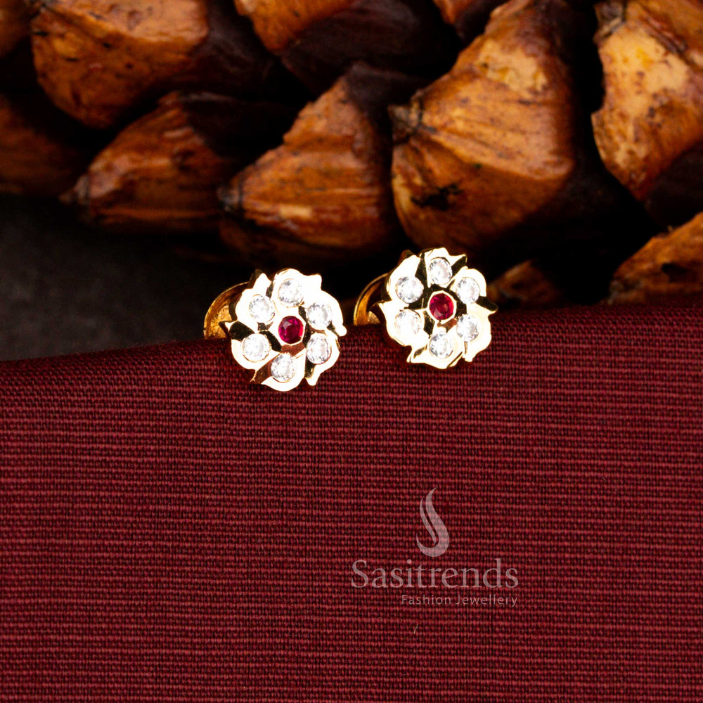 Sasitrends Impon micro gold plated seven stone floral white ruby AD stud earrings designed with a secure screw back closure and radiant gold tone polish ideal for everyday elegance.