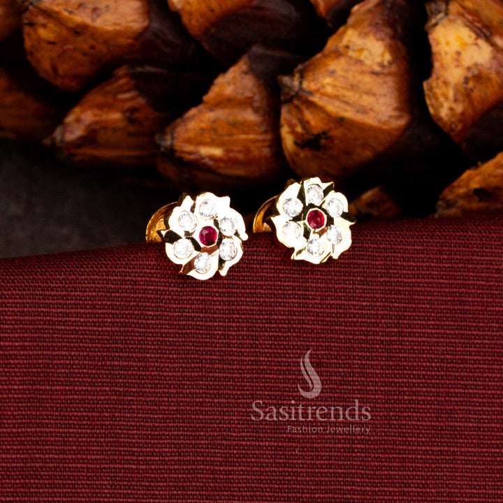Sasitrends Impon micro gold plated seven stone floral white ruby AD stud earrings designed with a secure screw back closure and radiant gold tone polish ideal for everyday elegance.