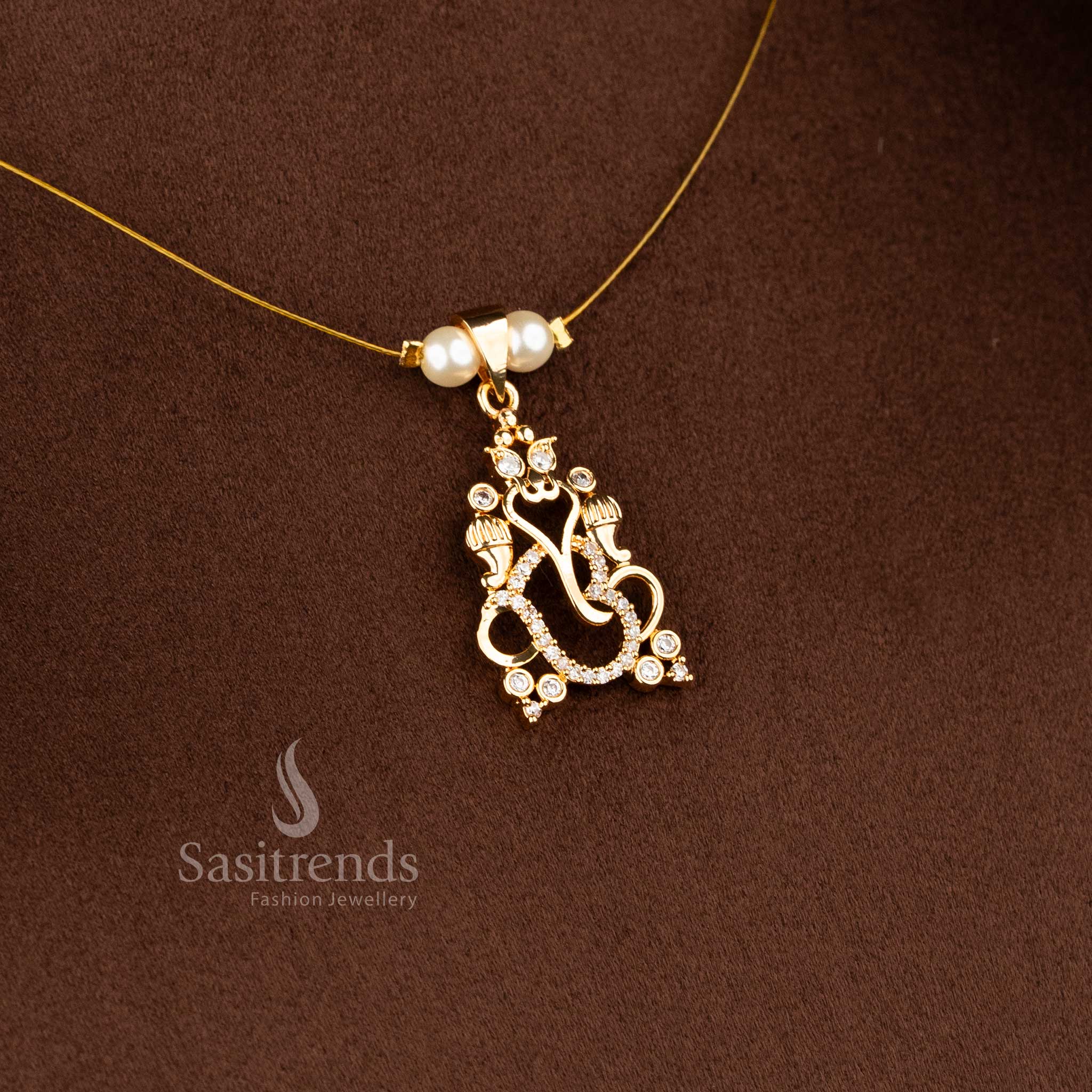 Sasitrends invisible vinayagar motif American diamond 24K pure gold plated micro 1 gram pendant necklace with pearl bead chain festive jewellery