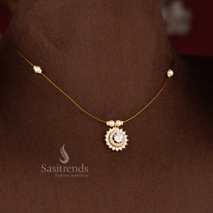 Sasitrends invisible American diamond 24K micro gold plated pendant necklace featuring delicate pearl bead chain structure designed for celebration and fashionable ethnic wear