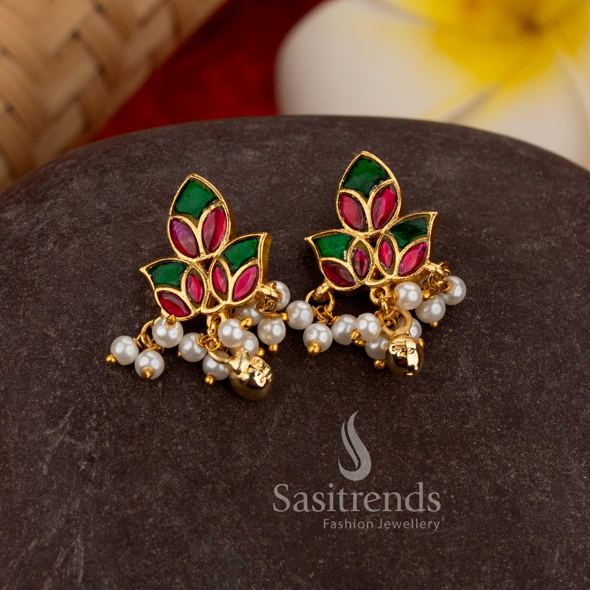 Sasitrends stunning premium 24k jadau gold plated ruby green kundan stone leaf motif earcuff earrings with pearl hanging design