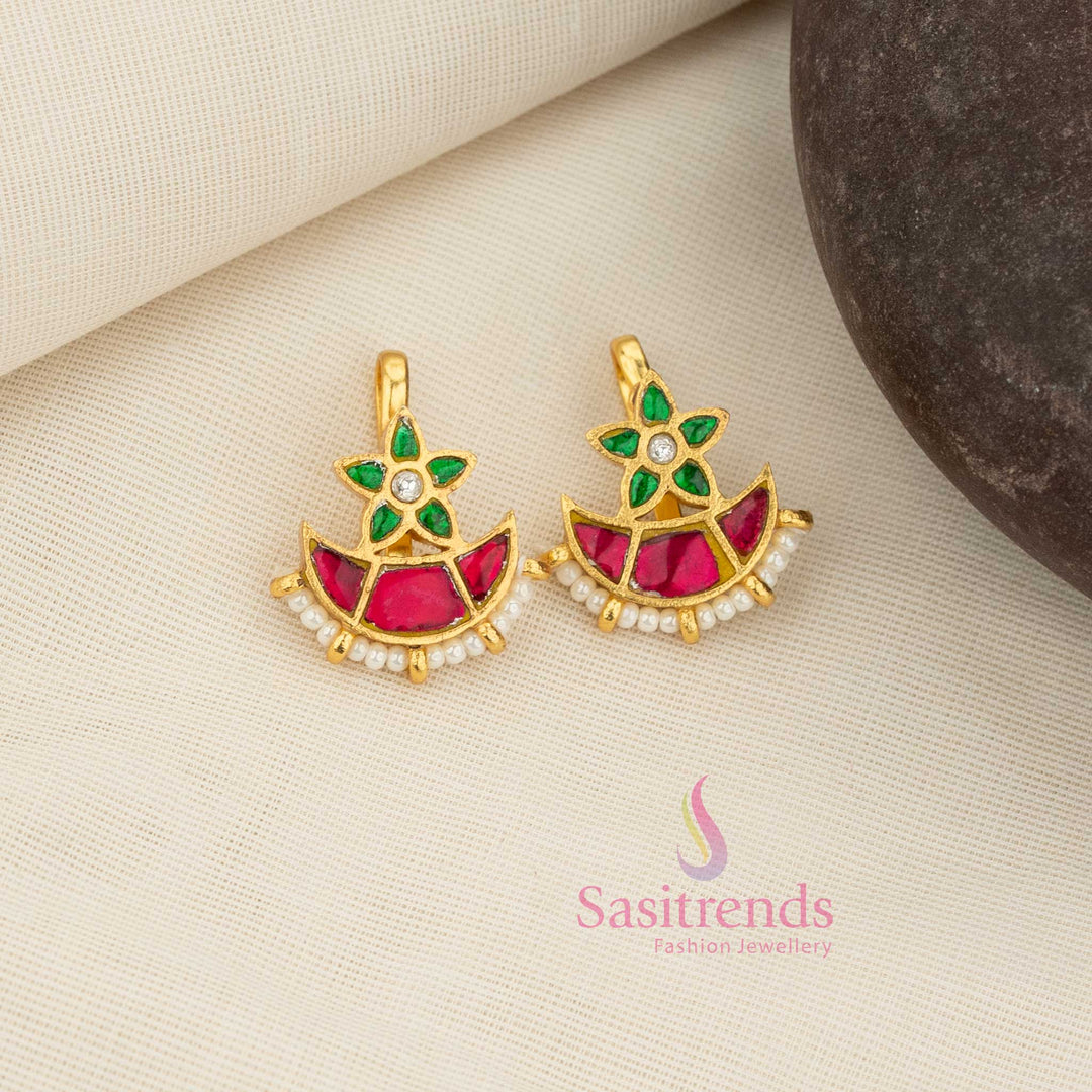 Sasitrends jadau gold plated floral top half moon bugadi earcuff earrings with multi kundan stone and pearl detailing