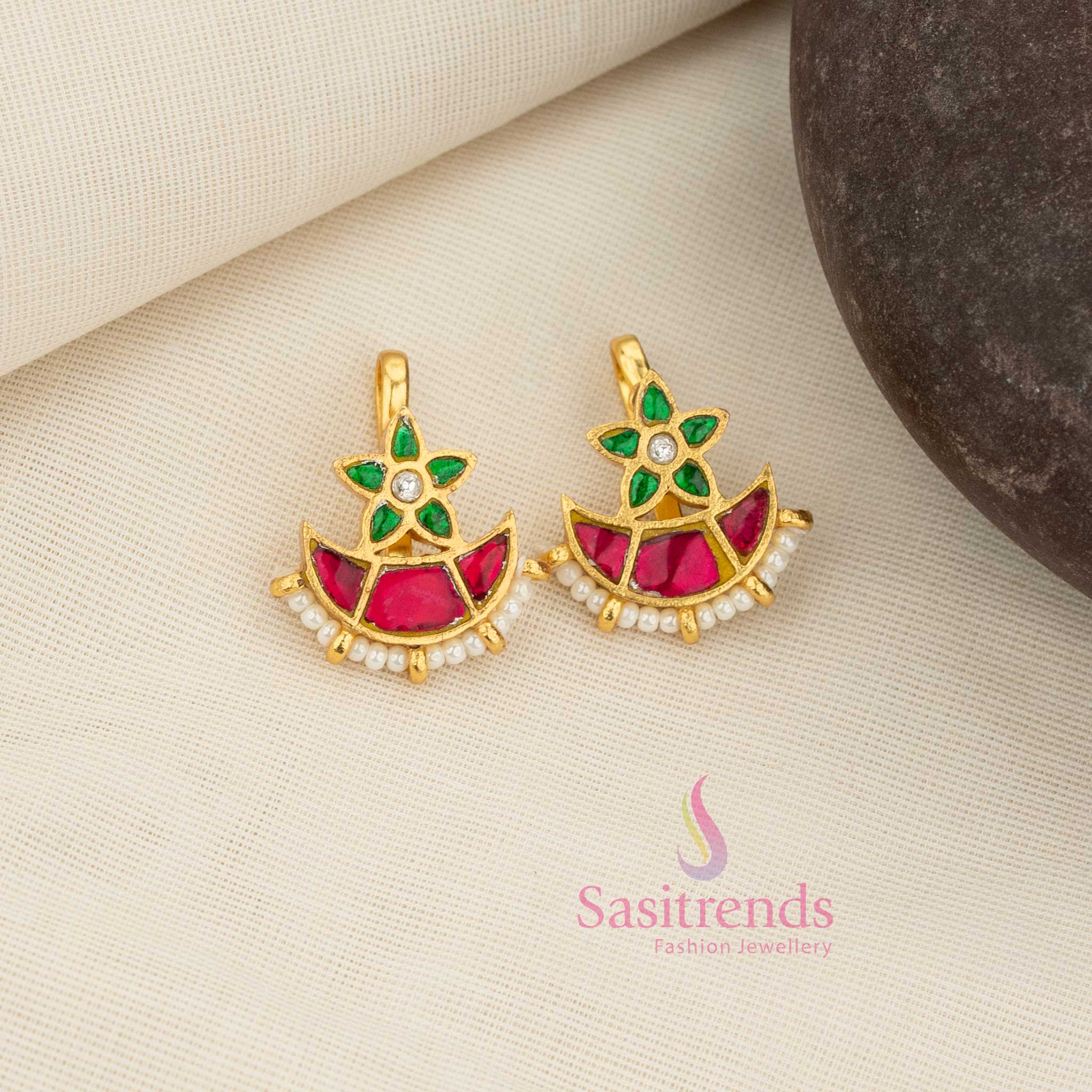 Sasitrends jadau gold plated floral top half moon bugadi earcuff earrings with multi kundan stone and pearl detailing