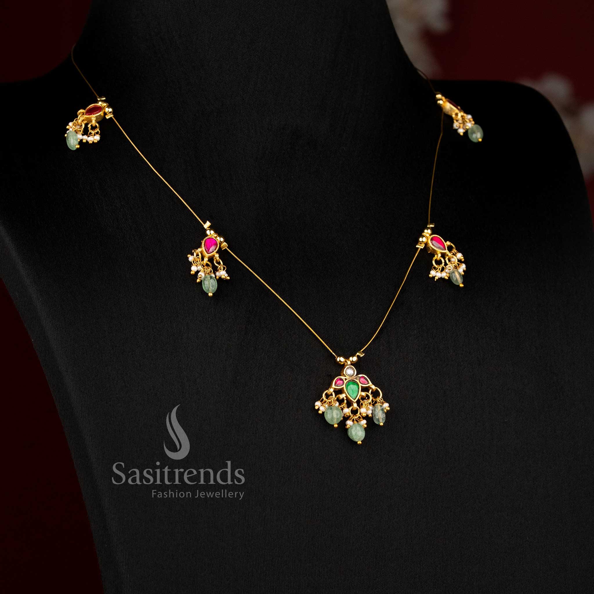 Sasitrends jadau invisible chain 24K gold plated necklace featuring elegant motif design with pearl touch crafted for saree styling and traditional wear