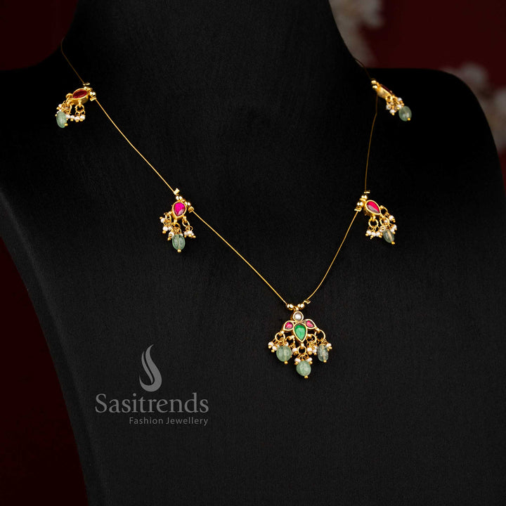 Sasitrends jadau invisible chain 24K gold plated necklace featuring elegant motif design with pearl touch crafted for saree styling and traditional wear