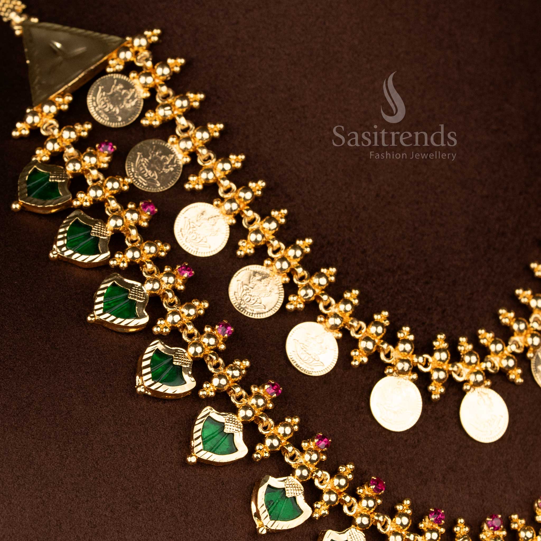 Sasitrends traditional South Indian green palakka Lakshmi coin double layer necklace featuring AD stones and elegant Kerala festive jewellery look